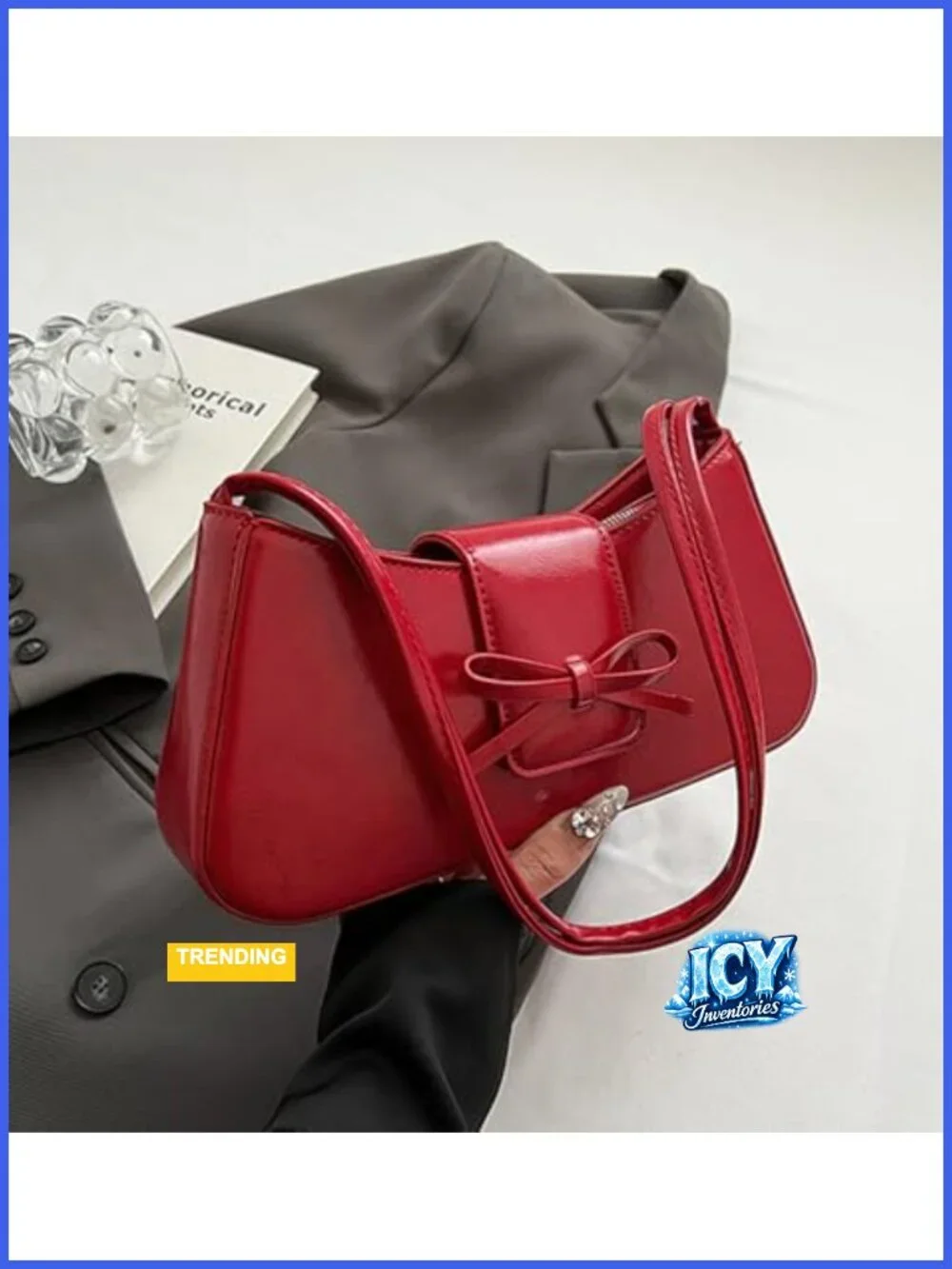 Y2K Patent Leather Hobo Bag with Bow, Vegan Clutch